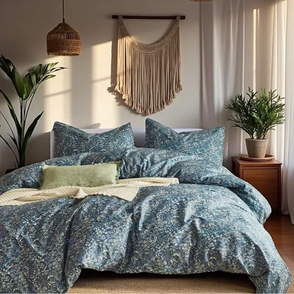 NEW Anthro Blue Floral Cotton Boho King Queen Full Size Bedding Duvet & Sham Set